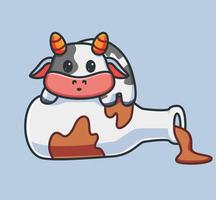 cute cow spilled milk from the bottle. isolated cartoon animal nature illustration. Flat Style suitable for Sticker Icon Design Premium Logo vector. Mascot Character vector