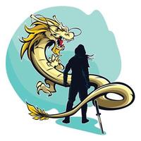 Vector illustration of a swordsman challenging a dragon