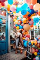 Woman on the background of wooden door with balloons photo