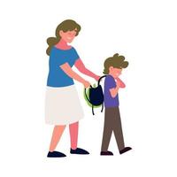 madre e hijo con mochila escolar vector