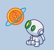 lindo robot astronauta llega al planeta del dinero con un anillo. ilustración de persona de dibujos animados aislado. estilo plano adecuado para el diseño de iconos de pegatinas vector de logotipo premium