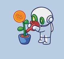 el lindo robot astronauta cuida su planta y obtuvo una flor de dinero. ilustración de persona de dibujos animados aislado. estilo plano adecuado para el diseño de iconos de pegatinas vector de logotipo premium