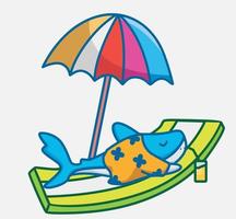 cute shark sunburning under colorful umbrella. vector