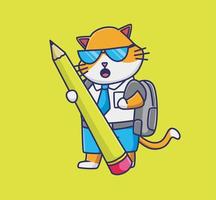 lindo gato estudiante sosteniendo lápiz gigante. caricatura animal estudiante concepto aislado ilustración. estilo plano adecuado para el vector de logotipo premium de diseño de icono de etiqueta. personaje mascota