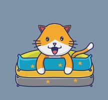 lindo gato jugando en las almohadas. caricatura animal estilo plano ilustración icono premium vector logo mascota adecuado para diseño web banner carácter