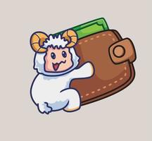 cute sheep hug a giant wallet money. Isolated cartoon object illustration. Flat Style suitable for Sticker Icon Design Premium Logo vector