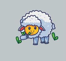 Linda oveja comiendo hierba sola. ilustración de naturaleza animal de dibujos animados aislados. estilo plano adecuado para el vector de logotipo premium de diseño de icono de etiqueta. personaje mascota
