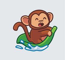 lindo mono jugando hoja gigante en el agua. ilustración de naturaleza animal de dibujos animados aislados. estilo plano adecuado para el vector de logotipo premium de diseño de icono de etiqueta. personaje mascota