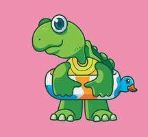 linda tortuga joven verano usando aro salvavidas. vector de ilustración animal de dibujos animados aislado