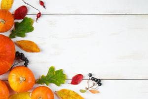 cosecha de otoño. calabazas maduras, hojas caídas y bayas sobre fondo blanco de madera. concepto de acción de gracias y halloween. foto