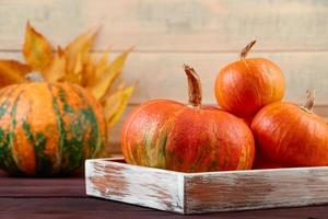 Autumn harvest. Ripe pumpkins in wooden box. Thanksgiving and halloween concept. Eco-friendly farm products. photo