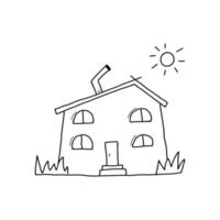 Rustic two-story house with a chimney. Vector illustration in doodle styleWeb