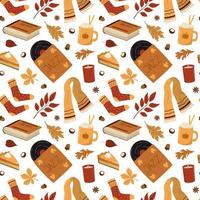 Cozy autumn elements seamless background. Hot drink, pie, music record, book, knitted socks, scarf, candle. Isolated on white background. Autumn wallpaper vector
