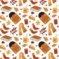 Cozy autumn elements seamless background. Hot drink, pie, music record, book, knitted socks, scarf, candle. Isolated on white background. Autumn wallpaper vector