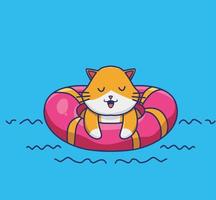 Cute cat swimming with a lifebuoy ring. Animal Isolated Cartoon Flat Style Sticker Web Design Icon illustration Premium Vector Logo mascot character