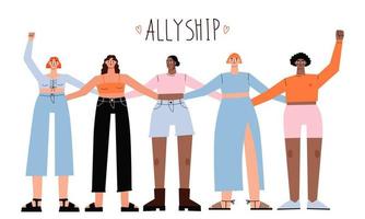 Women stand together and hug each other.Lettering ALLYSHIP. International Women's Day concept. Women's community. Female solidarity. Vector illustration