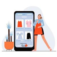 mujer compra vestido en tiendas en línea. mujer compra ropa en la aplicación web móvil. concepto de servicio de compras y entrega en línea. ilustración vectorial plana vector