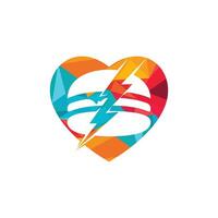 Flash burger vector logo design. Burger with thunderstorm and heart icon logo.