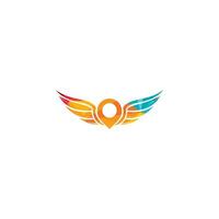 diseño del logotipo del vector del pin geo del ala. gps y vector de icono de ala.