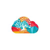 árbol raíces nube forma concepto vector logo diseño.