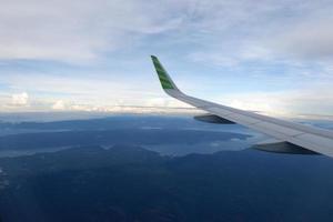 Airplane wings flying in the air with shining sky photo