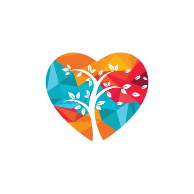 Tree heart logo design. Love nature creative logo design template. Simple green leaf and heart shape symbol.
