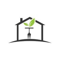 Healthy food logo template. Home with fork and leaf symbol. vector