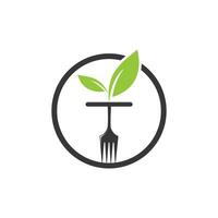 Healthy food logo template. Organic food logo with fork and leaf symbol. vector