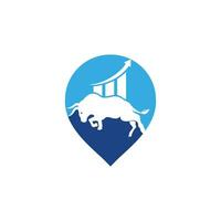 Financial bull with gps shape logo design. Trade Bull Chart, finance pin logo. Economy finance chart bar business productivity logo icon. vector