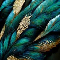 patrón de plumas de pavo real de oro verde real de cerca foto