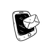 illustration Send email with phone device. Hand drawn doodle sketch style envelope and smartphone icon vector