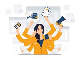 Multitasking woman with many hands in a suit Works simultaneously with several objects concept illustration vector