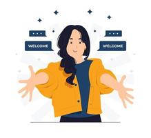Cheerful woman gesturing welcome sign and smiling while standing extending hands towards as wanting cuddle, smiling welcoming concept illustration vector