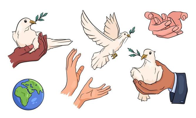 Dove with a twig in its beak. Doves in hand. Let's protect the planet.