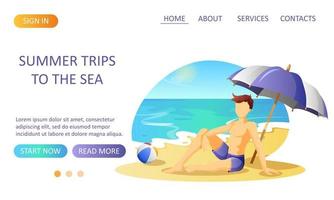 Website design with a man resting on the seashore.