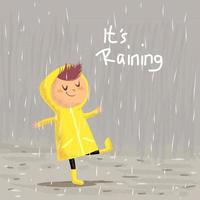 Cute girl in yellow raincoats and rubber boots playing in the rain on raining season vector illustration.