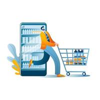 una persona feliz sale con compras de un supermercado en línea en un teléfono inteligente. vector