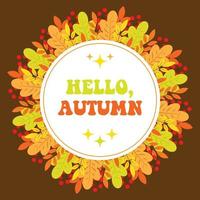 Autumn round frame with hand drawn colorful leaves on dark brown background. Hello autumn banner. Fall design for advertisement, greeting cards and social media content. vector