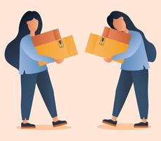 Girl with cardboard boxes. Moving to a new place. Delivery. Vector illustration.