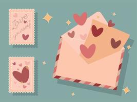 Envelope with a letter. Love message A set of illustrations of an envelope and stamps. Valentine's Day. Vector graphics.