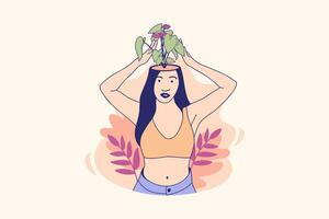 ilustraciones hermosa flor dentro de la cabeza femenina para el concepto de diseño del día mundial de la salud mental vector