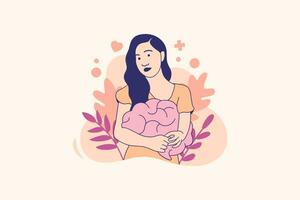 ilustraciones hermosa mujer abraza su cerebro para el concepto de diseño del día mundial de la salud mental vector
