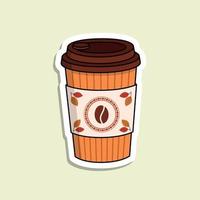 Isolated vector coffee paper cup on the light green background. Coffee bean logo with red circle frame. Colorful packeging for coffee to go. Cartoon sticker in autumn colors