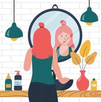 Girl Looking In The Mirror In The Bathroom. Skin Care Routine Vector Illustration In Flat Style