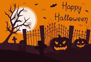 Happy Halloween Postcard Or Banner With Pumpkins, Bats And Crosses Vector Illustration In Flat Style