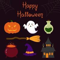 Set Of Halloween Objects With Lettering Vector Illustration In Flat Style