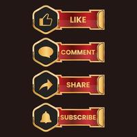 golden like comment share and subscribe text button vector set
