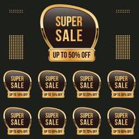 golden different percent discount offer banner and price tag set, up to 10,15,20,40,50,60,70,80 percent off label vector