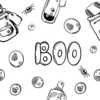 la inscripción boo para tarjetas de halloween. ilustración vectorial para halloween. poción en una botella. patrones sin fisuras vector