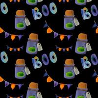 The inscription Boo for Halloween cards. Vector Illustration for Halloween. potion in a bottle. seamless pattern